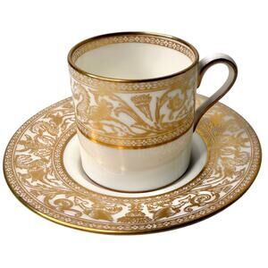 WEDGWOOD Demitasse TEA CUP & SAUCER Gold Florentine Espresso W4219 Bone China